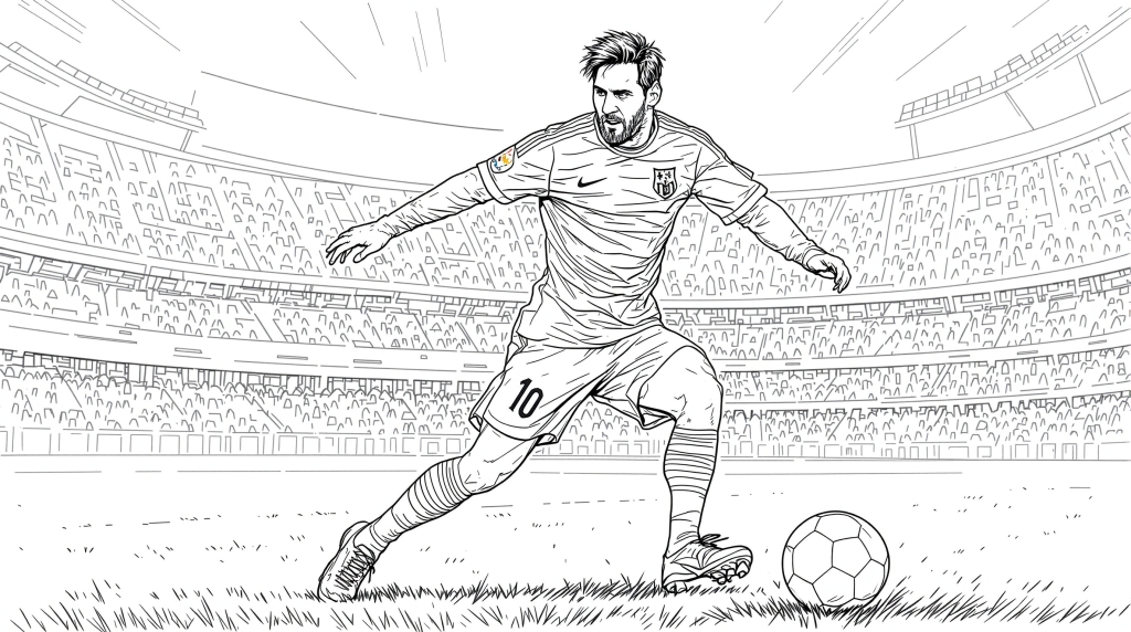 リオネル・メッシのドリブルシーン｜ユニフォームの細部まで描き込まれた大人向けサッカー塗り絵
