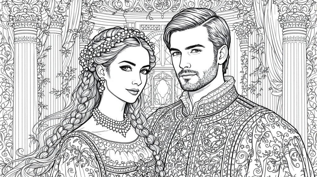 En elegant renässans-par färgläggningssida med detaljerade periodkläder och intrikat arkitektonisk bakgrund.