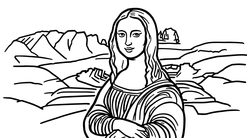 En nybörjarvänlig Mona Lisa målarbok med förenklad linjekonst och tjocka konturer.