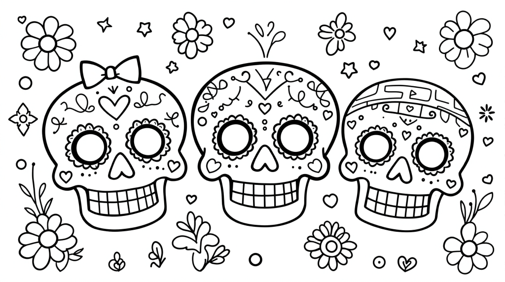 Three friendly cartoon skulls coloring page with decorative patterns and cheerful expressions for beginners.