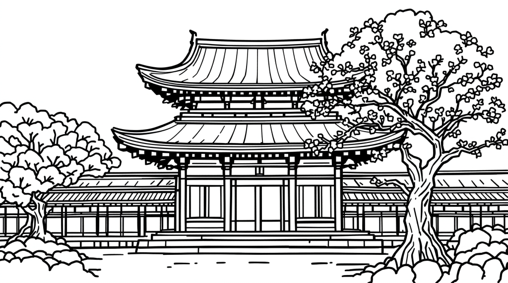 桜と多重塔のある日本の寺院の塗り絵ページ - 禅スタイルの和風デザイン
