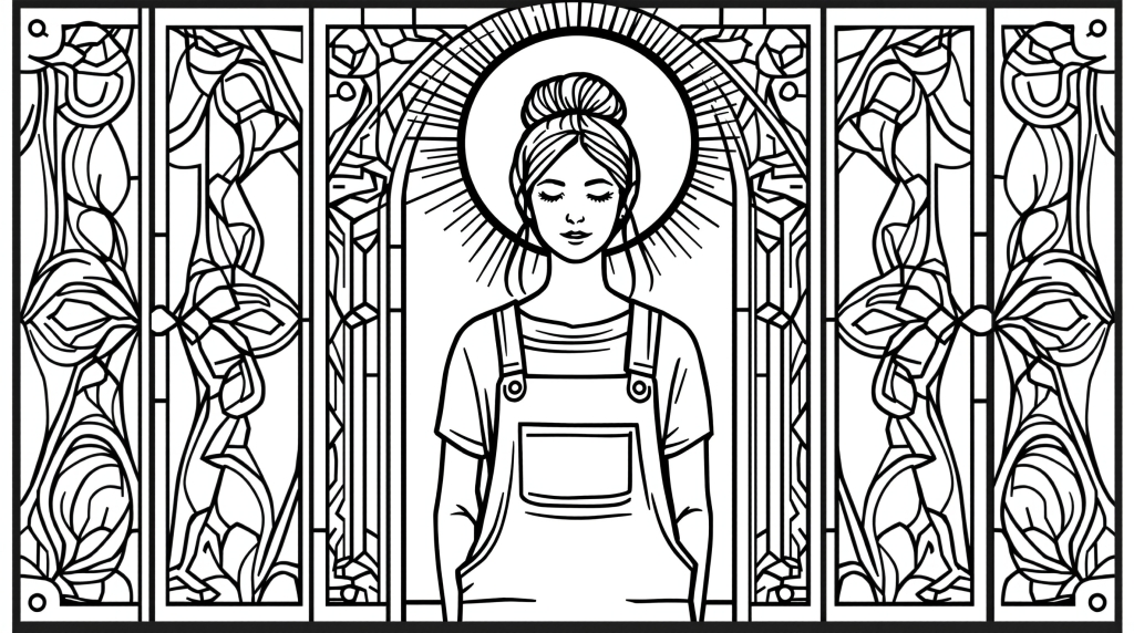 En modern glasmålning färgläggningssida med en kvinna med gloria i overall omgiven av blommiga dekorativa paneler.