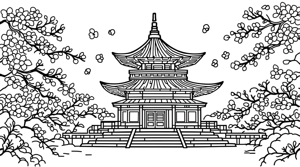 桜と日本の寺院の塗り絵 - 優美な和風建築と桜の花びらを楽しむ大人の塗り絵ページ