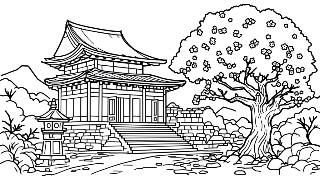 蓮の花と優雅に泳ぐ鯉を描いた、静寂な池の風景の大人の塗り絵