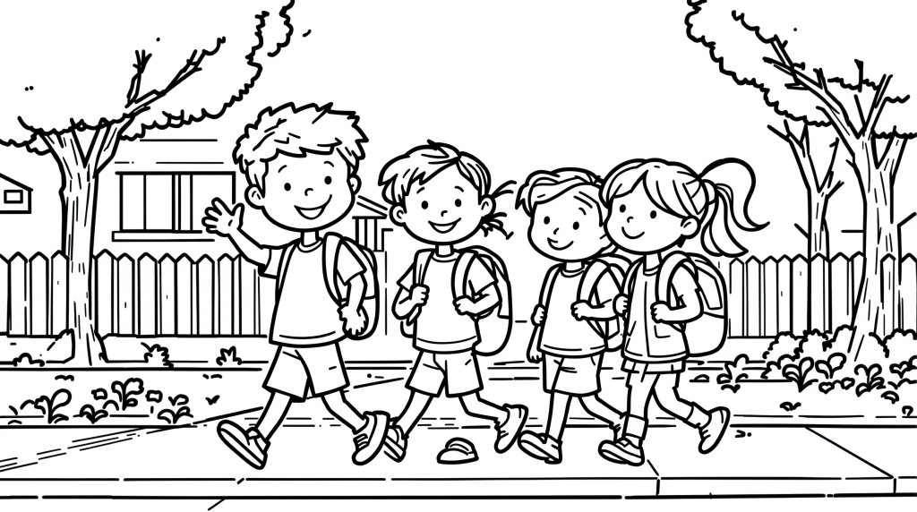 リュックを背負って一緒に歩く4人の楽しそうな子供たち - 大人の塗り絵