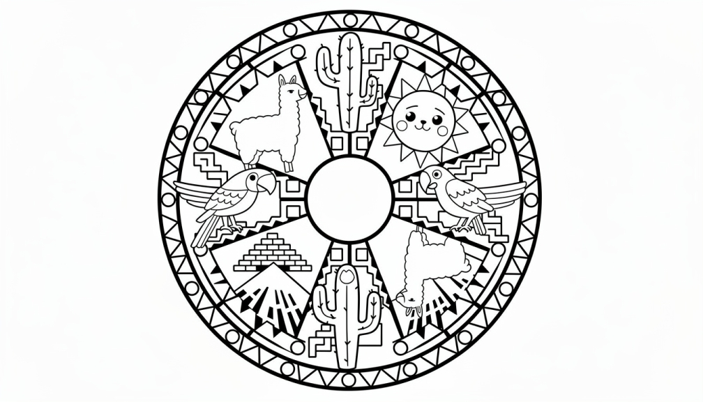 Yeni başlayanlar için mükemmel lamalar, güneş yüzleri ve geometrik desenlerle Güney Amerika mandalası boyama sayfası.
