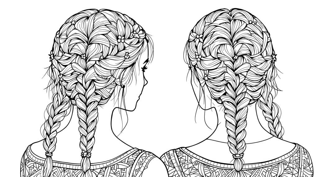 Två unga kvinnor med utarbetade flätade frisyrer sedda bakifrån i detaljerad linjekonst.