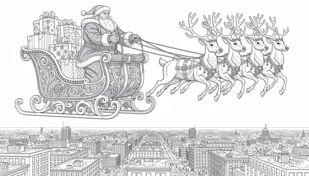 Santa Claus in his ornate sleigh pulled by six reindeer flying above a vast cityscape coloring page.