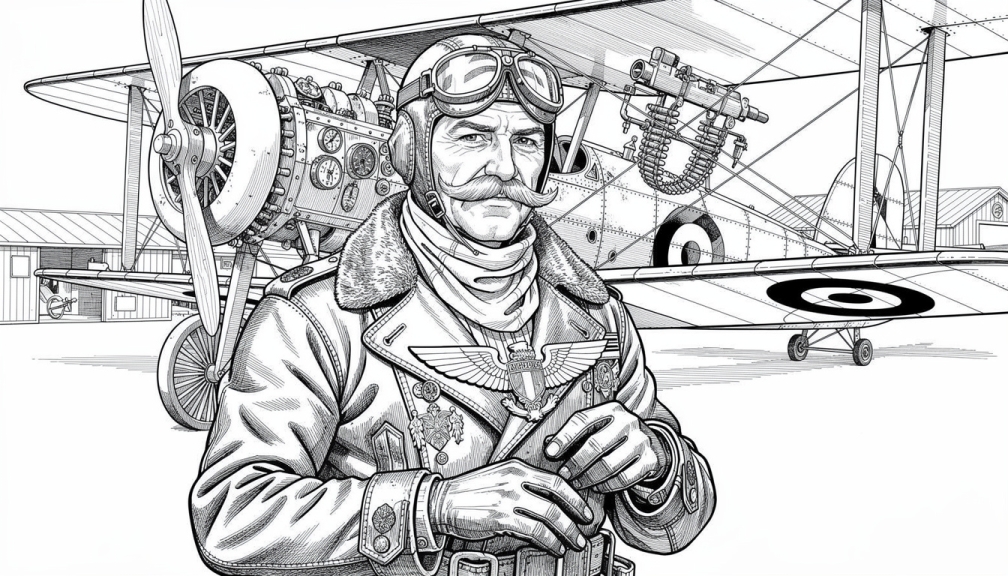 A highly detailed World War 1 Flying Ace portrait coloring page featuring an authentic WWI pilot with biplane aircraft.