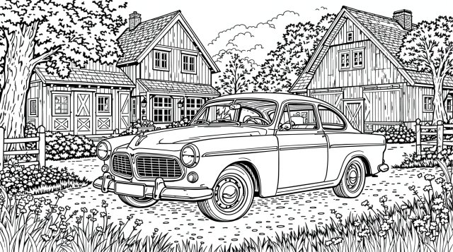 A detailed black and white line art coloring page featuring a classic 1960s Volvo Amazon car parked in a rustic Swedish farmyard setting.