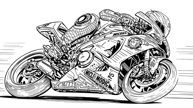 A professional racing motorcycle coloring page featuring detailed sport bike leaning into a dynamic turn with intricate mechanical components.