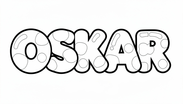 Strona do kolorowania w stylu bąbelkowym z imieniem OSKAR w połączonych literach z dekoracyjnymi okrągłymi elementami.