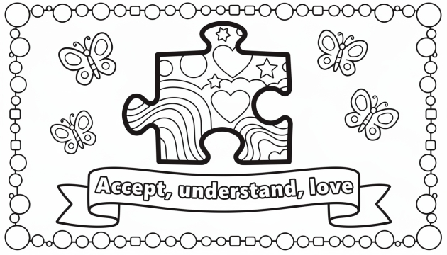 Una conmovedora página para colorear de concienciación sobre el autismo con una pieza de rompecabezas, arcoíris, corazones, estrellas y una cita inspiradora.