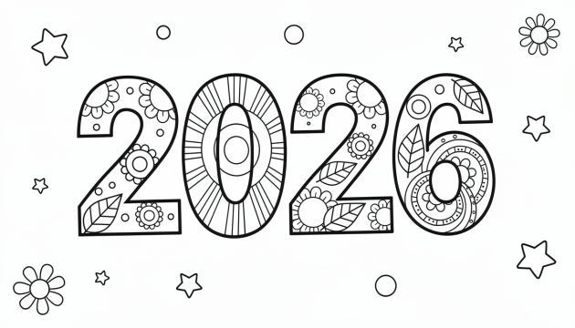 Bold 2026 numerals filled with simple mandala patterns and floating stars.