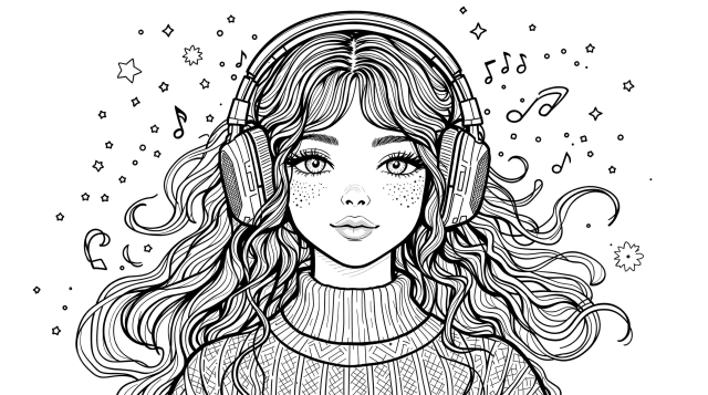 ヘッドホンをした女の子の塗り絵 | おしゃれなピンタレスト風デザイン | 繊細な線画と装飾要素が美しい大人の塗り絵