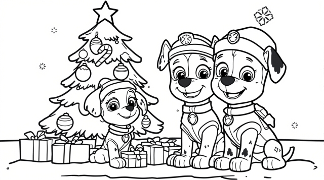 A delightful Christmas Paw Patrol coloring page featuring three adorable puppies celebrating around a decorated tree.