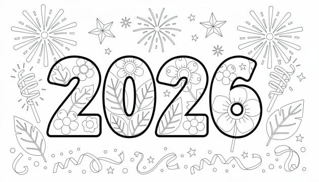 En nybörjarvänlig 2026 nyårsfärgläggningssida med stora blockbokstäver, botaniska blad, blommor och festliga fyrverkerier.