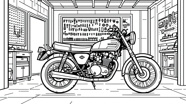 En detaljerad vintage Honda CB750 motorcykel målarbok i ett välutrustat hemgarage med omfattande verktygssamling.
