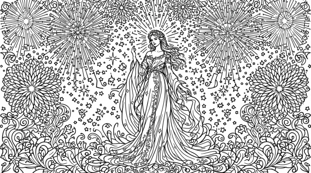 フランス自由の象徴マリアンヌの塗り絵 - アールヌーヴォー様式と花火のデザイン