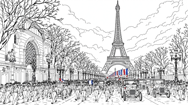 シャンゼリゼ通りとエッフェル塔を描いた壮大な軍事パレードの大人の塗り絵 - 細密デザイン