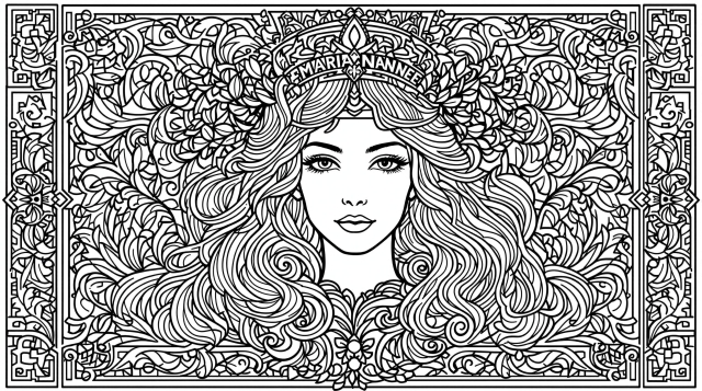 優雅なアールヌーヴォー様式のマリアンヌ塗り絵 - 流れる髪とフリジア帽、装飾的な渦巻き模様とオリーブの枝