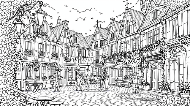 革命記念日を祝うフランスの美しい村の広場を描いた、大人のための精密な塗り絵