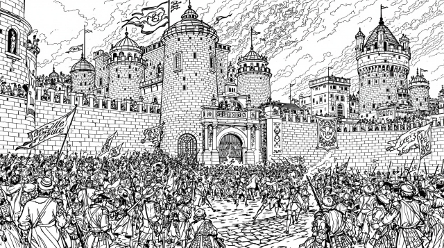 En detaljerad målarbok med motiv från franska revolutionen som visar när folket stormar Bastiljen, i intrikat svartvit design