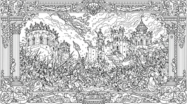 Dramatisk barok malebog med stormen på Bastillen - detaljeret tegning med revolutionære og arkitektoniske detaljer