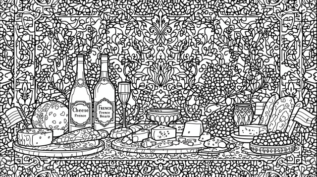 繊細なレース模様とフランス料理が彩る優雅なフレンチテーブルセッティングの大人の塗り絵