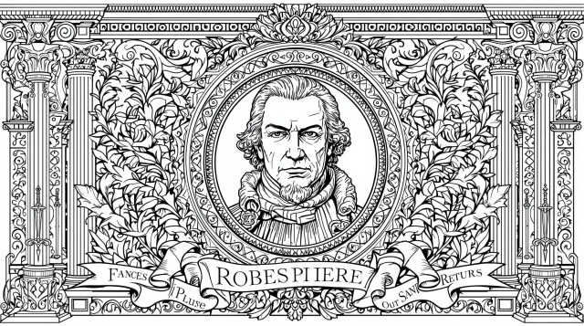 Detaljeret farvelægningsside med portræt af Robespierre prydet med symboler fra Den Franske Revolution og nyklassicistiske arkitektoniske elementer