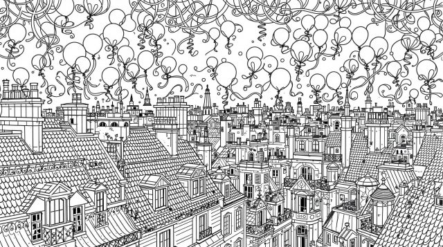 優雅な三色の風船が舞うパリの屋根と美しいビクトリア建築の大人の塗り絵