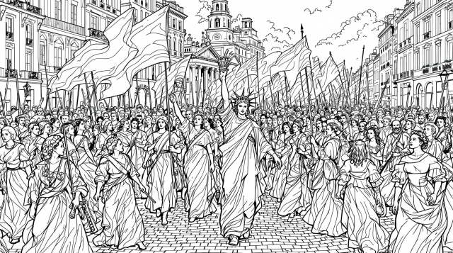 En detaljeret malebog af 'Friheden fører folket' viser Delacroix's mesterværk med intricate revolutionære scener og historiske detaljer