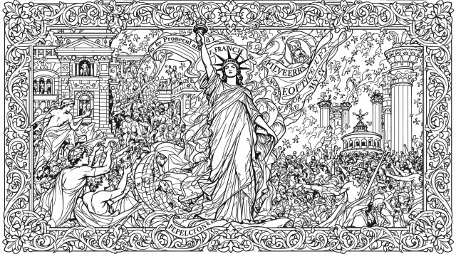 A detailed adult coloring page reimagining Delacroix's 'Liberty Leading the People' with intricate baroque patterns and decorative elements.