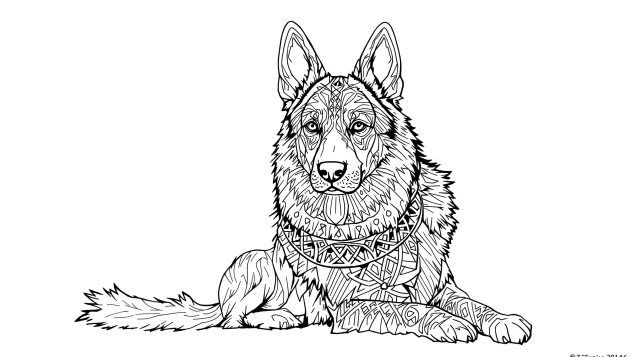 Majestætisk Schæferhund farvelægningsside med keltiske knudemønstre og detaljerede dekorative elementer til voksne