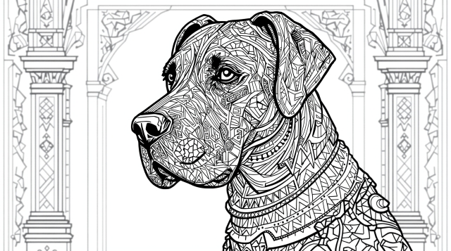 Majestætisk Grand Danois malebog for voksne med middelalderlig rustning og geometriske mønstre