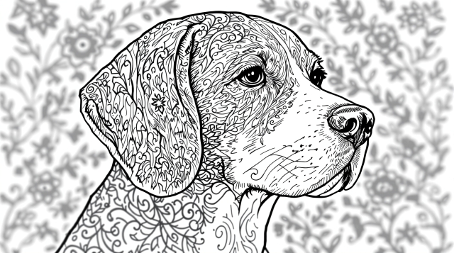 Detaljeret Beagle farveside med intrikate skovmønstre og dekorative jagtelementer