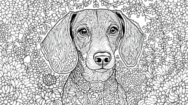 Charmerende gravhund farveside med detaljerede bayerske mønstre og haveelementer til voksne farvelæggere