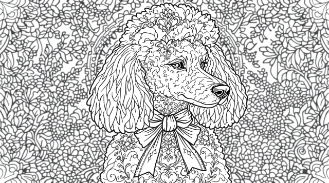 優雅なプードルの塗り絵 - バロック様式の繊細な模様と庭園のモチーフを楽しむ大人の塗り絵