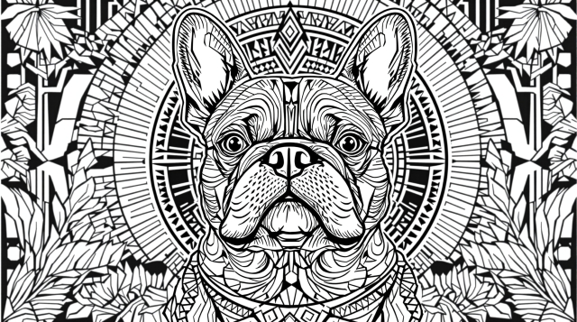 アールデコ調の幾何学模様が美しいフレンチブルドッグの大人の塗り絵 - 洗練された都会的デザイン