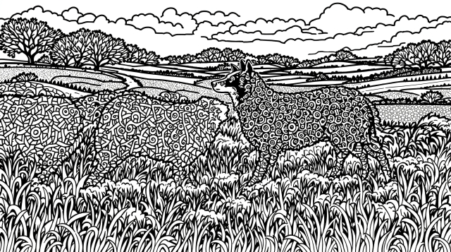 Detaljeret malebogside med Border Collie der vogter får, udsmykket med keltiske spiralmønstre og landlige elementer til voksne farvelæggere