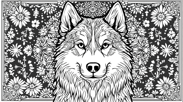 シベリアンハスキーの塗り絵 - 曼荼羅模様と北極モチーフの大人向けぬりえ