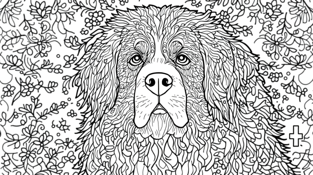 アルプスの伝統模様が美しいバーニーズマウンテンドッグの塗り絵 - スイスの装飾要素を取り入れた大人向けデザイン