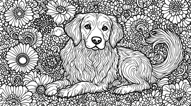 ゴールデンレトリバーの塗り絵 - 花柄模様と装飾渦巻きが美しい大人向け精密デザイン
