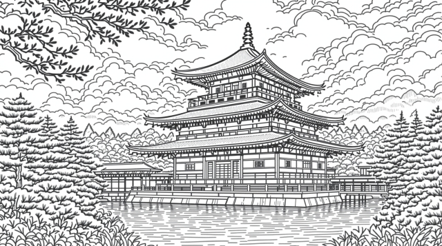 En detaljerad målarbok av Kinkaku-ji-templet visar traditionell japansk arkitektur med intrikata mönster och rofylld omgivning