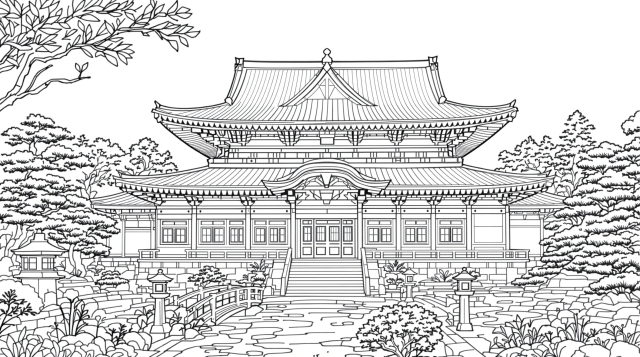 天龍寺の荘厳な佇まいを描いた精緻な線画 - 日本建築と枯山水を楽しむ大人の塗り絵