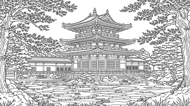 銀閣寺の精密な塗り絵 - 日本建築と禅の庭園デザイン