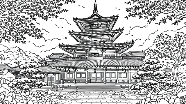 Japon mimarisi ve huzurlu zen bahçesiyle Kawasaki Daishi Tapınağı'nın detaylı boyama sayfası