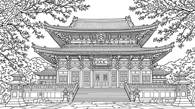 清水寺の荘厳な姿を描いた大人の塗り絵 - 木造舞台と日本建築の美しいディテール