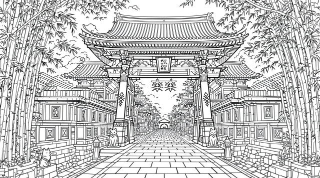 伏見稲荷大社の精巧な大人の塗り絵 - 伝統的な鳥居と日本建築の細密デザイン