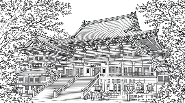 長谷寺の荘厳な伽藍を描いた精密な線画 - 日本の伝統建築を楽しむ大人の塗り絵